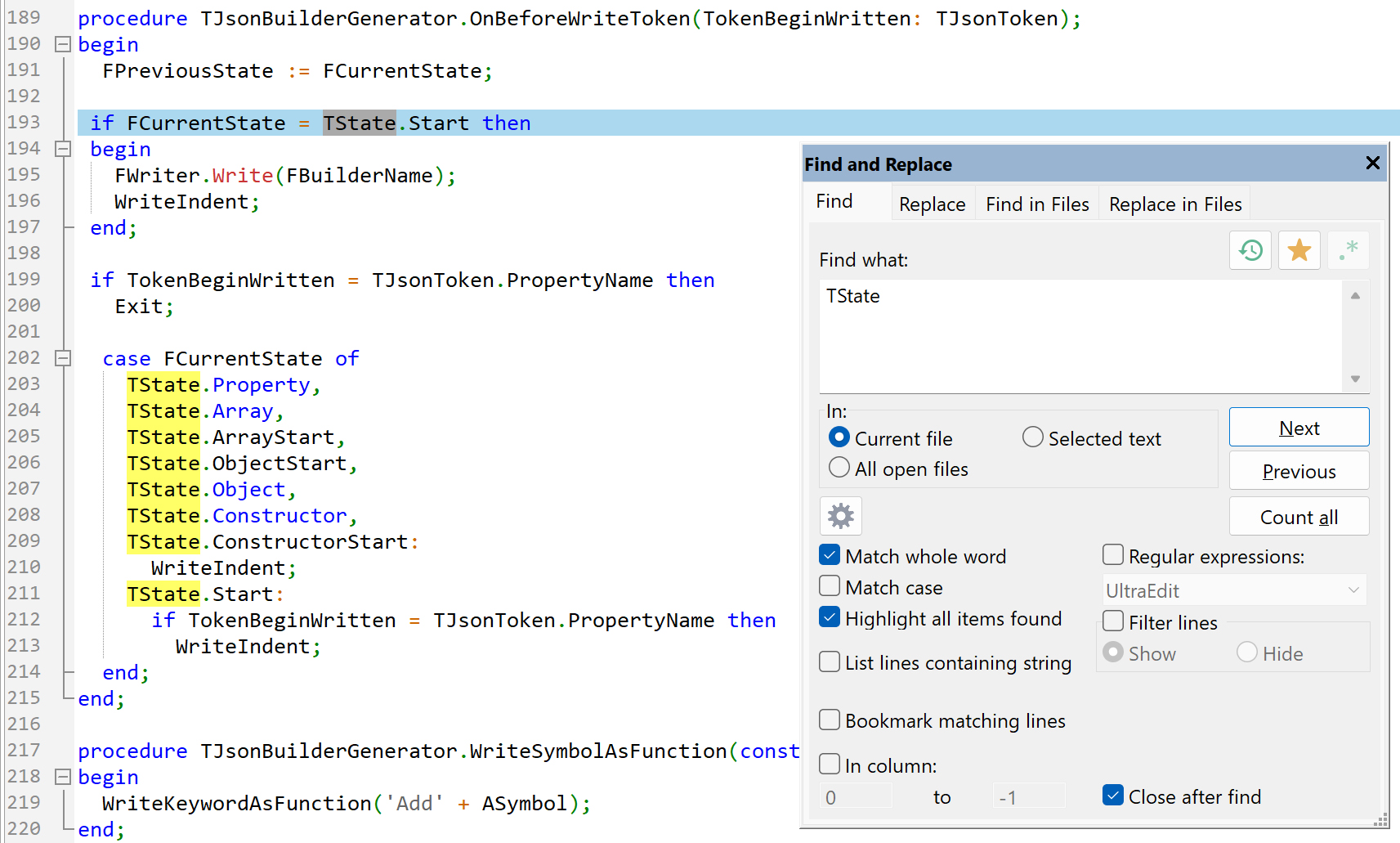 ultraedit find query settings options