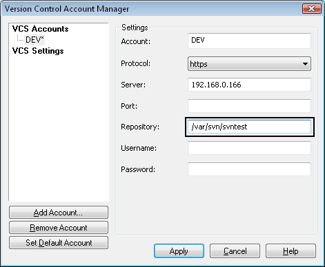 VCS Account Repository Settings