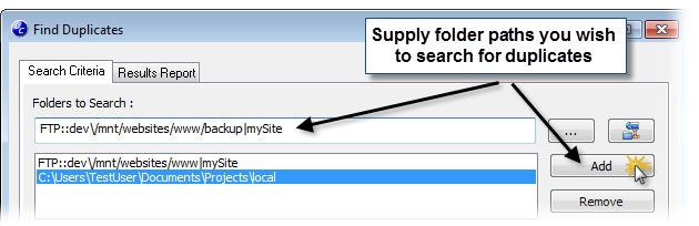 Supply folder paths you wish to search for duplicates